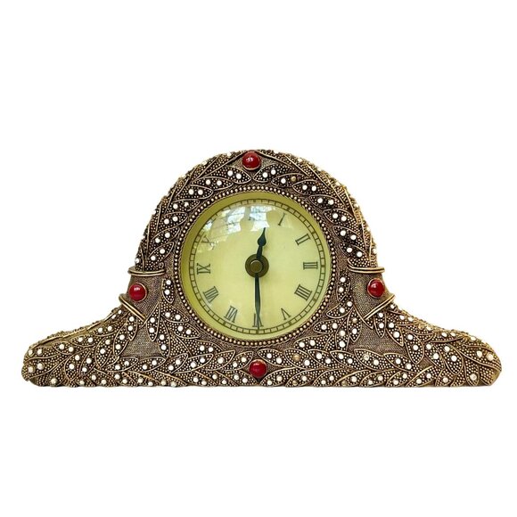 Vintage Mantle Clock with Enameled Metal and Embedded Beads & Roman Numerals. - Picture 3 of 9